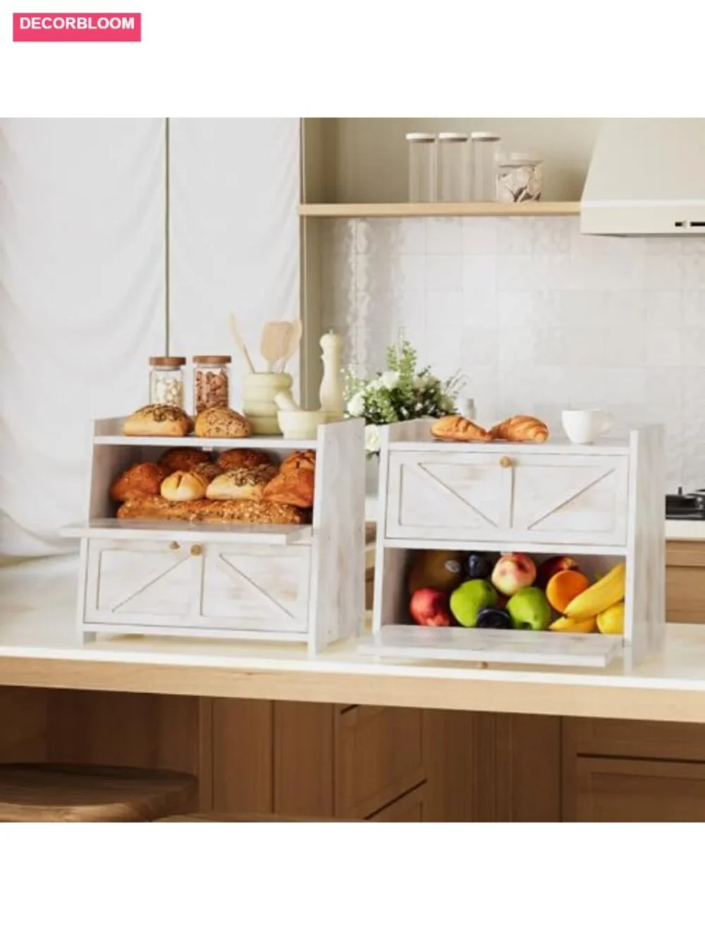 Rustic Bamboo Bread Box Vintage Double Layer Kitchen Counter Storage